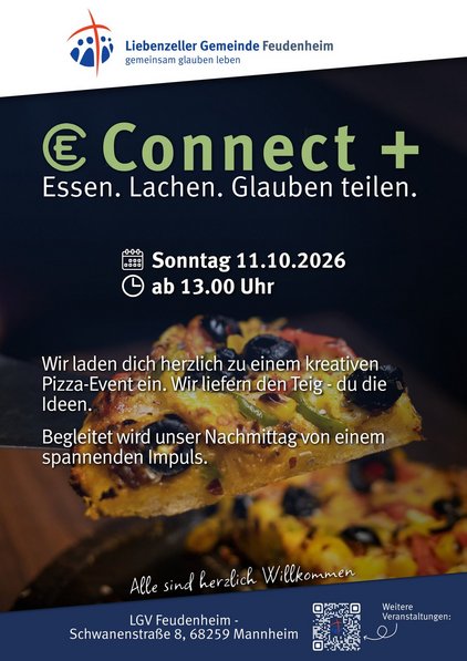 EC Connect + 11.10.2026. Essen. Lachen. Glauben teilen. Wir laden dich herzlich zu einem kreativen Pizza Event ein. Wir liefern den Teig, ihr die Ideen. Begleitet wird unser Nachmittag von einem Spannenden Impuls.